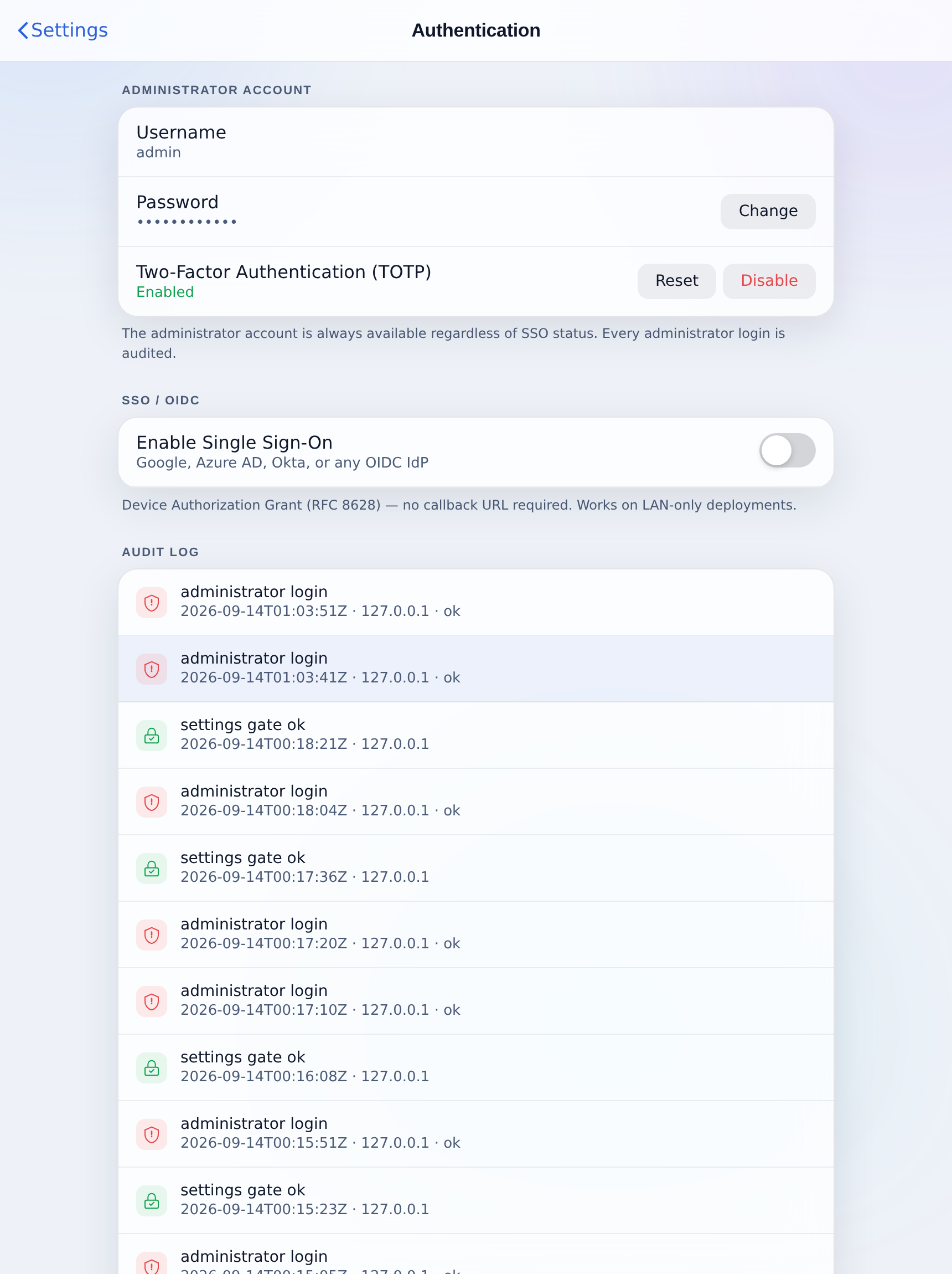 Settings, Authentication: administrator account, SSO and audit log.