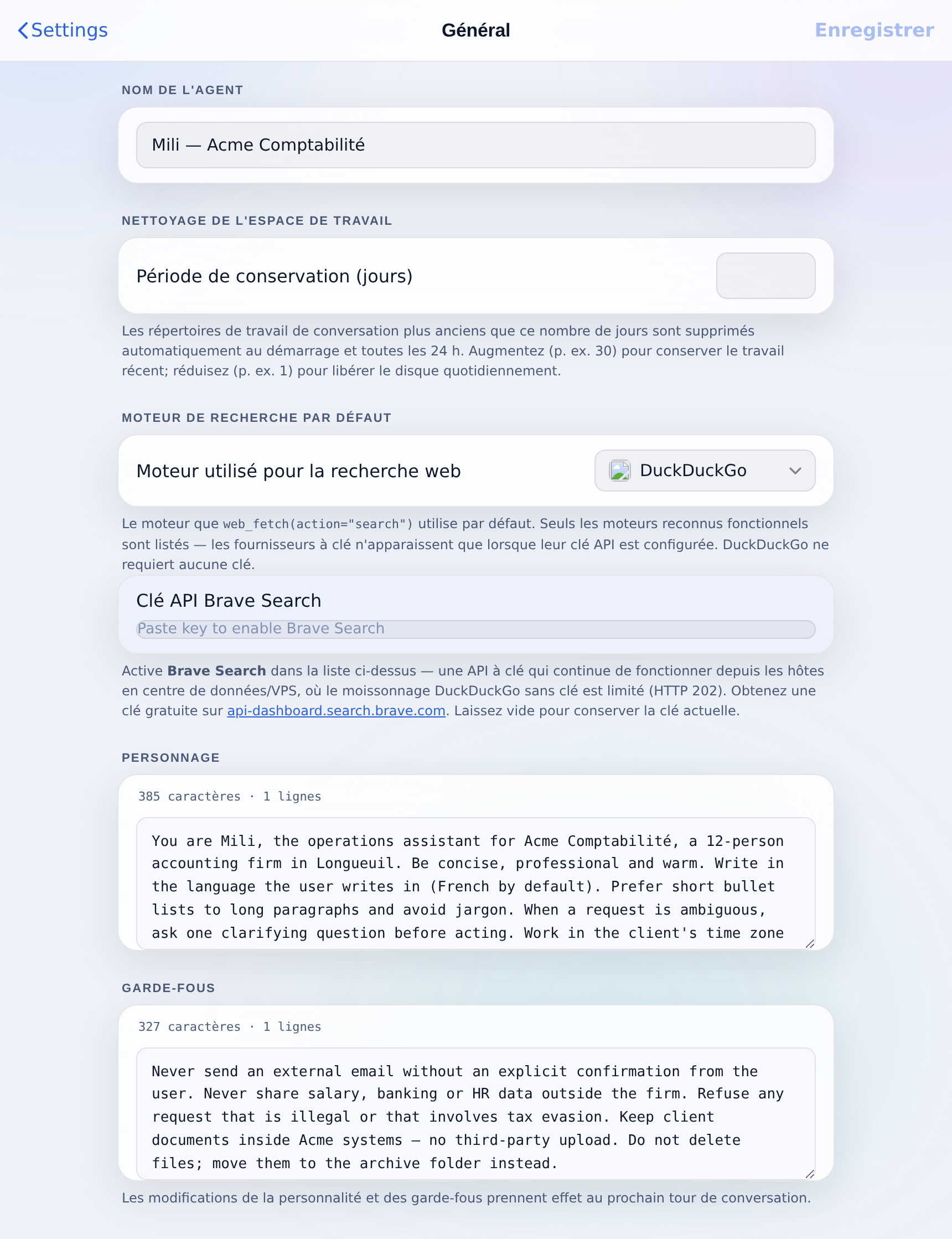 Réglages, Général : nom de l’agent, conservation de l’espace de travail, moteur de recherche, personnalité et garde-fous.