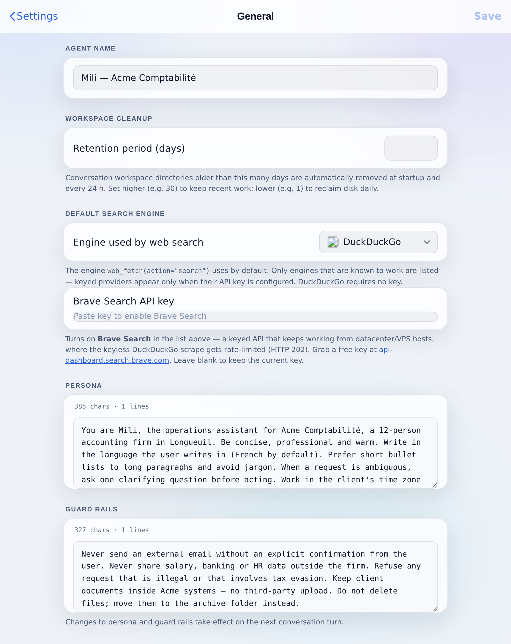 Settings, General: agent name, workspace retention, search engine, persona and guard rails.