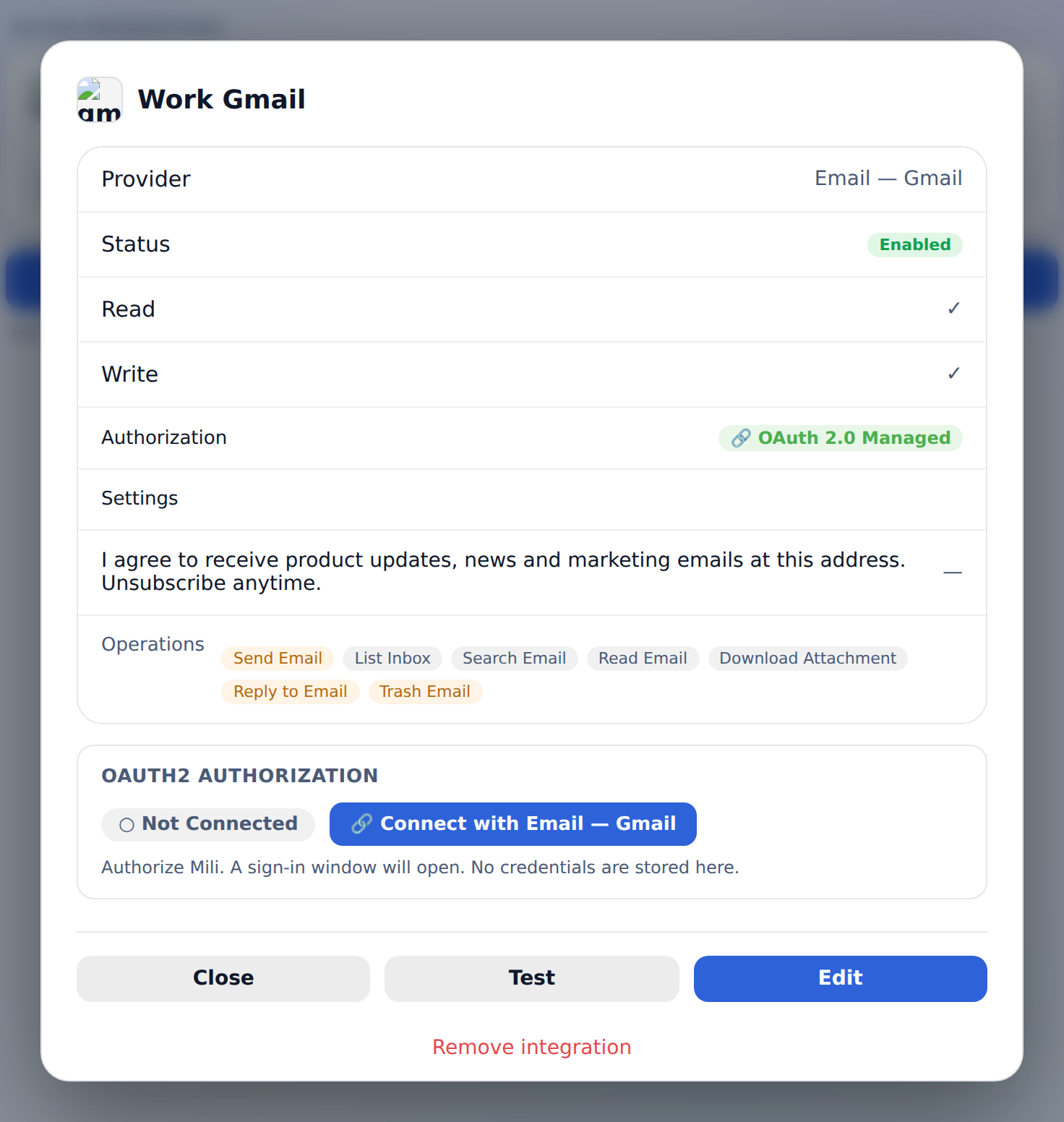 An OAuth integration: provider, permissions, operations and the Connect button.