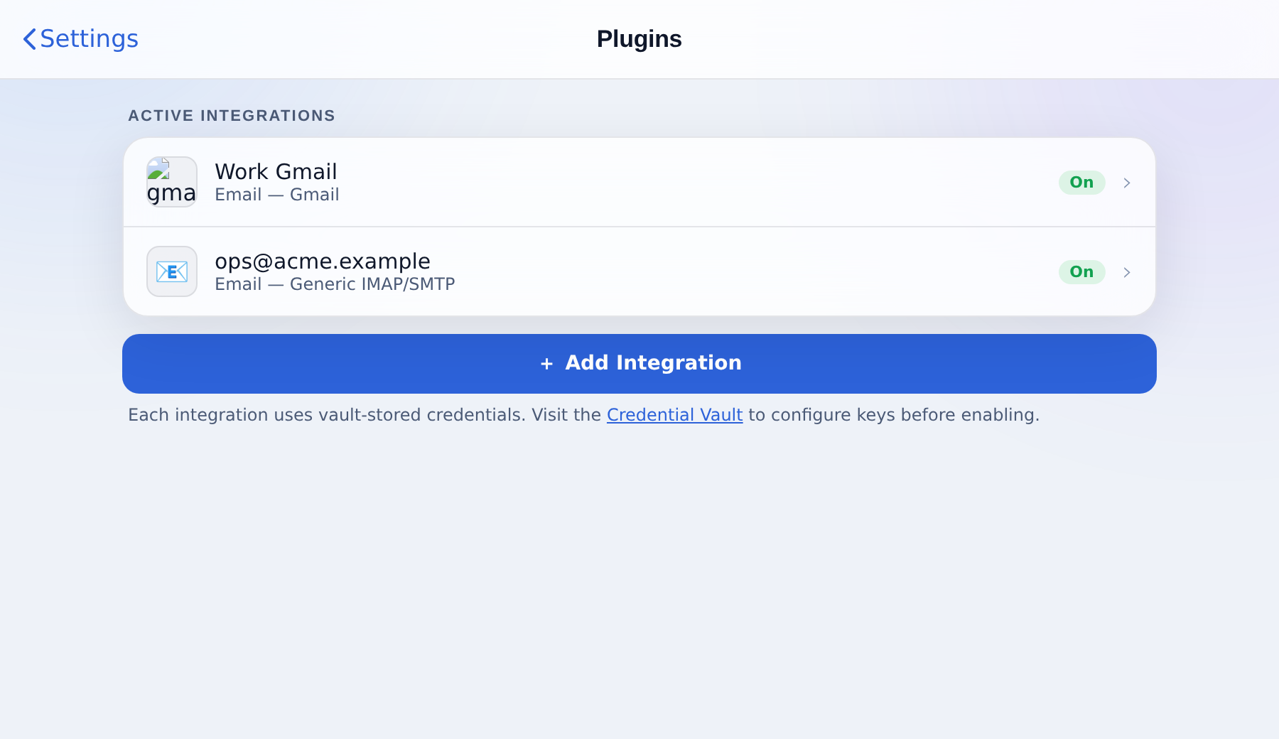 Settings, Plugins: active integrations and the Add Integration button.