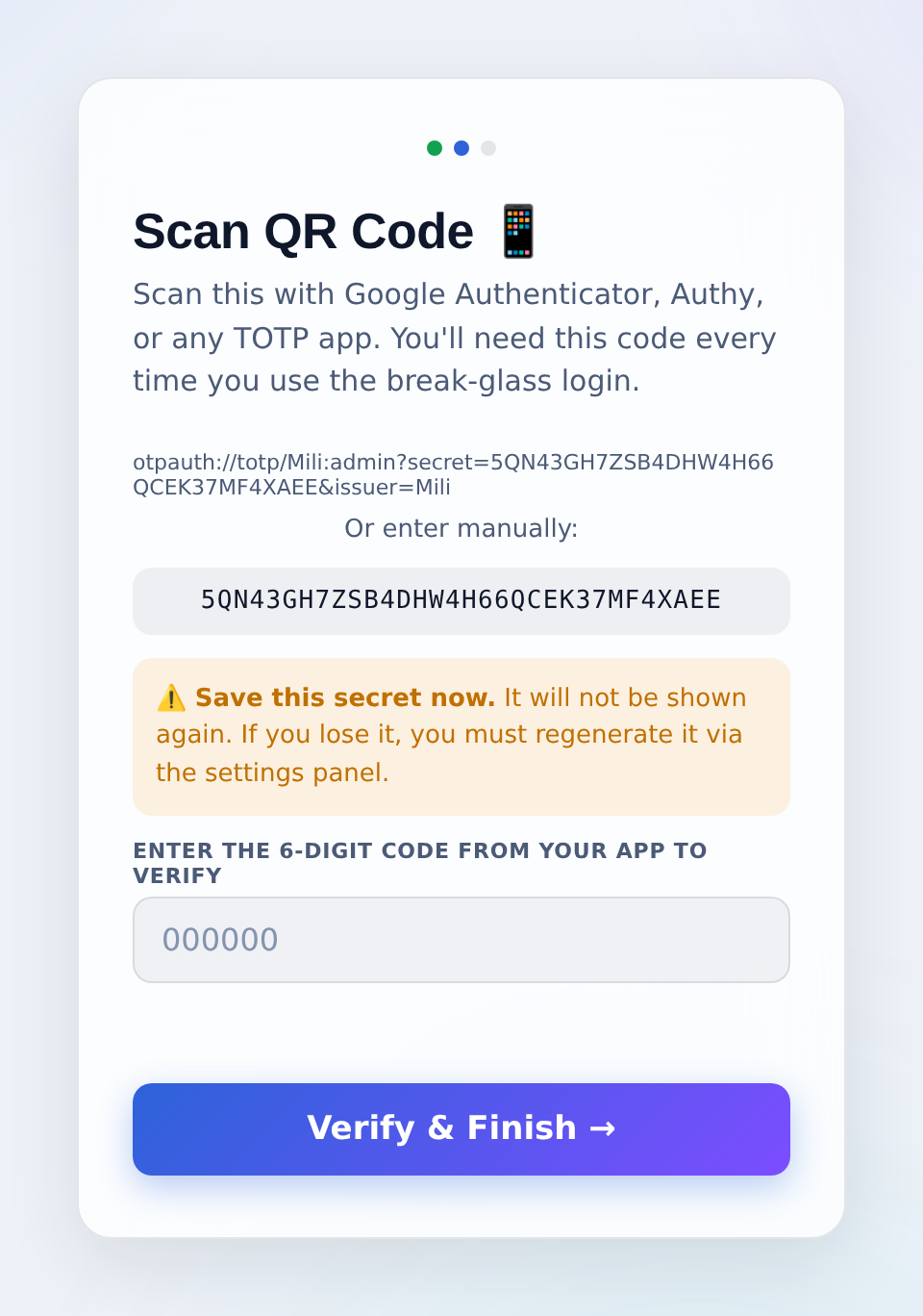 Step 2: enrol two-factor authentication (TOTP).
