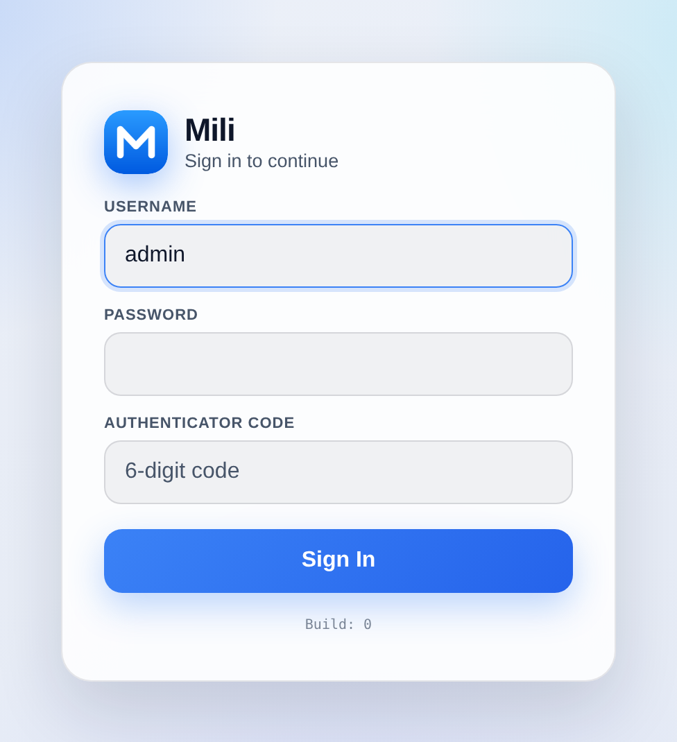 The sign-in page: username, password and authenticator code.